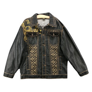 Royal Army Men's Denim Jean Jacket Black Large Cross Wings Gold Embellished Rare